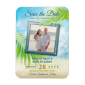 写真の日付を保存するビーチ結婚式の手のひら葉の マグネット (縦)