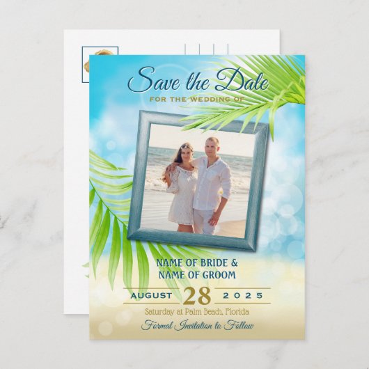写真の日付を保存するビーチ結婚式の手のひら葉の 案内ポストカード (正面/裏面)