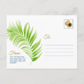 写真の日付を保存するビーチ結婚式の手のひら葉の 案内ポストカード (裏面)