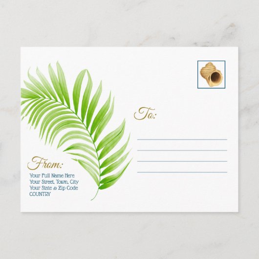 写真の日付を保存するビーチ結婚式の手のひら葉の 案内ポストカード (裏面)