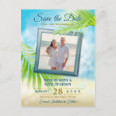 写真の日付を保存するビーチ結婚式の手のひら葉の 案内ポストカード (正面)