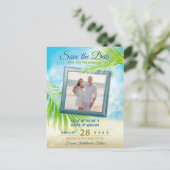 写真の日付を保存するビーチ結婚式の手のひら葉の 案内ポストカード (スタンド正面)