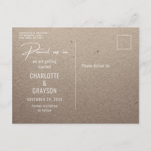 写真の日付を保存する鉛筆素朴結婚で 案内ポストカード (裏面)