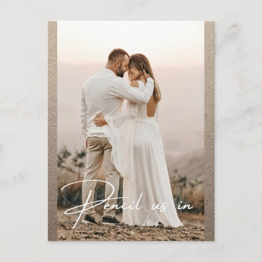 写真の日付を保存する鉛筆素朴結婚で 案内ポストカード (正面)
