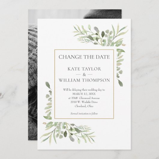 写真の日付を変更する水の色の緑葉の セーブザデート (正面/裏面)