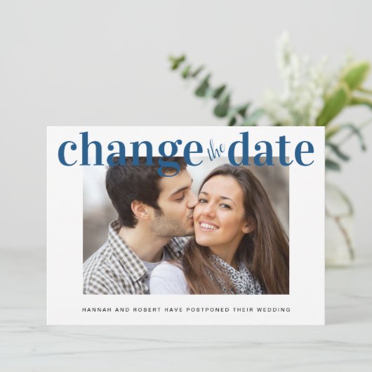 写真の日付を青クラシック色に変モダン更結婚する 案内状 (スタンド正面)