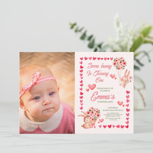 写真の最初の誕生日とピンクのバニー 招待状 (スタンド正面)
