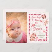 写真の最初の誕生日とピンクのバニー 招待状 (正面/裏面)