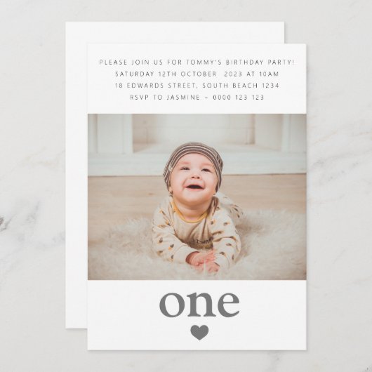 写真の最初の誕生日パーティーハート1 招待状 (正面/裏面)