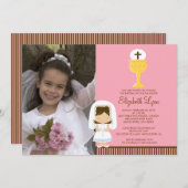 写真の最初聖餐の招待状のブルネットの女の子 招待状 (正面/裏面)