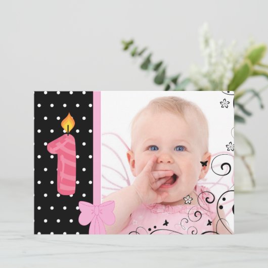 写真の最初誕生日のパーティの招待状のピンク 招待状 (スタンド正面)