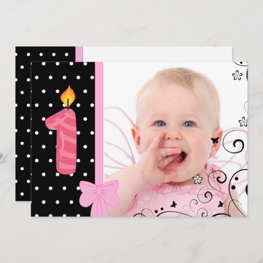 写真の最初誕生日のパーティの招待状のピンク 招待状 (正面/裏面)