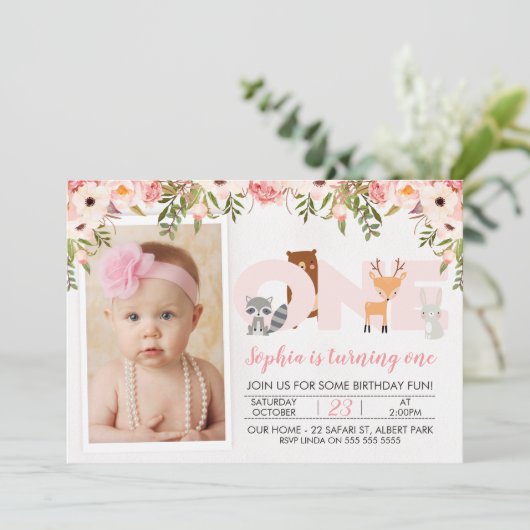 写真の森林動物の第1誕生日の招待状 招待状 (スタンド正面)