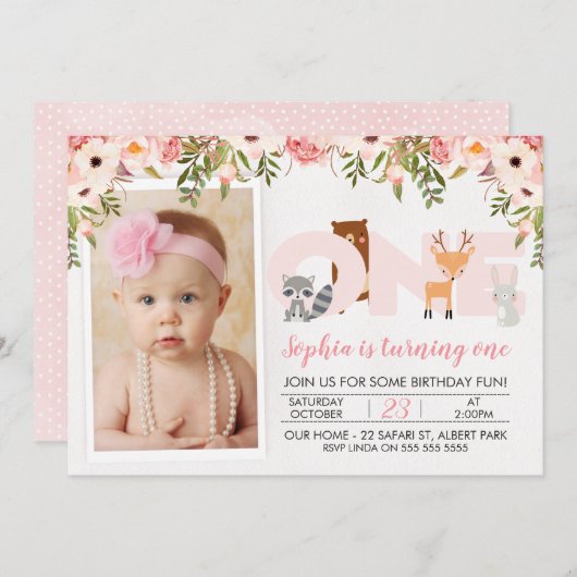 写真の森林動物の第1誕生日の招待状 招待状 (正面/裏面)