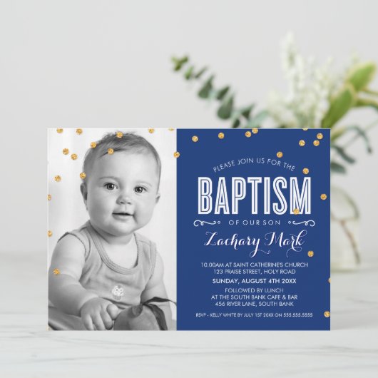 写真の洗礼のかわいい金ゴールドのグリッターの紙吹雪の濃紺 招待状 (スタンド正面)