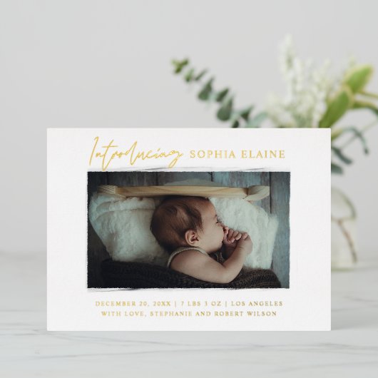 写真の生まれたばかりの誕生 箔招待状 (立ち正面)