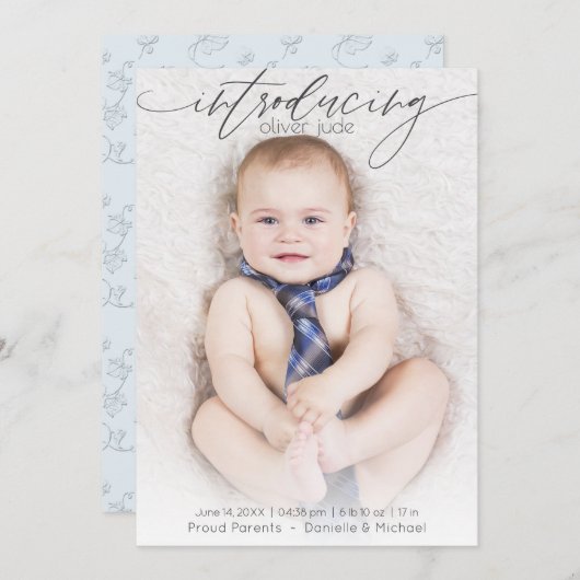 写真の生誕モダン生発表青 案内状 (正面/裏面)