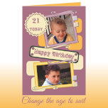 写真の男性へ追加burgundy orange 21st誕生日 カード<br><div class="desc">ハッピーバースデーグリーティ男性へングカード特別なマイルストーンの年齢、スーツに変更。今日のサンプルは21だ。前面と内側の2枚の写真を交換し離れます。メッセージを追加するか、文字を削除する。内側の写真は自動的に黒離れと白に変わる。ブルゴーニュ、オレンジ、黄色。</div>