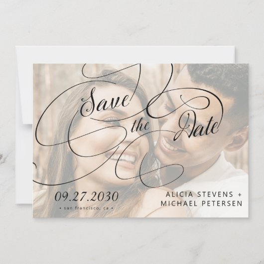 写真の白と黒のスクリプトの結婚式の日付を保存 マグネット招待状 (正面)