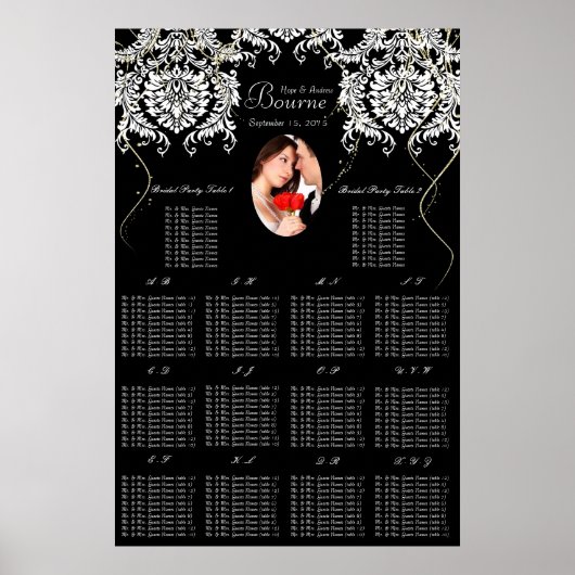 写真の白黒のダマスク金ゴールドシーティングチャート ポスター (正面)