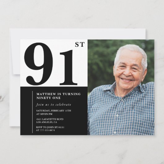 写真の白黒91歳の誕生日招待状 招待状 (正面)
