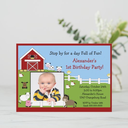 写真の納屋動物のおもしろいの第1誕生日 招待状 (スタンド正面)