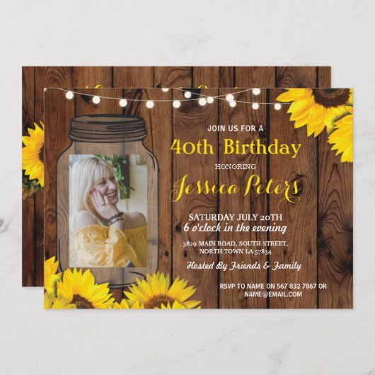 写真の素朴な瓶の誕生会木ヒマワリ 招待状 (正面/裏面)