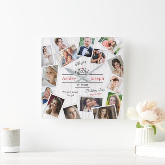 写真の結婚コラージュ木製のテクスチャの壁時計 スクエア壁時計 (ホーム)