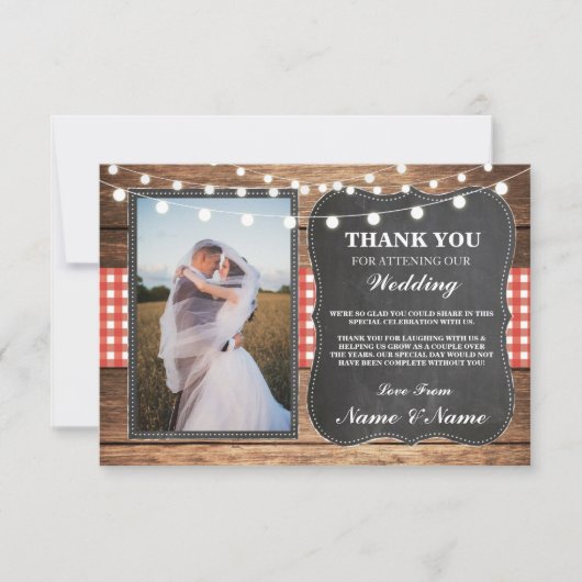 写真の結婚式のチョークの木製の素朴なレッド・カードありがとう サンキューカード (正面)