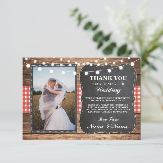 写真の結婚式のチョークの木製の素朴なレッド・カードありがとう サンキューカード (スタンド正面)