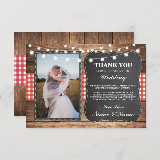 写真の結婚式のチョークの木製の素朴なレッド・カードありがとう サンキューカード (正面/裏面)