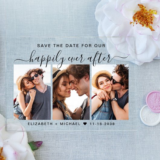 写真の結婚式の後に幸せに日付を保存 アクリル招待状