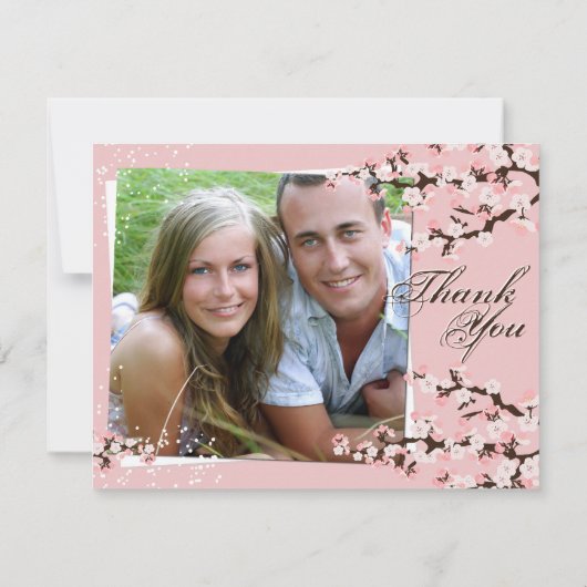 写真の結婚式の招待状のピンクの桜ありがとう サンキューカード (裏面)