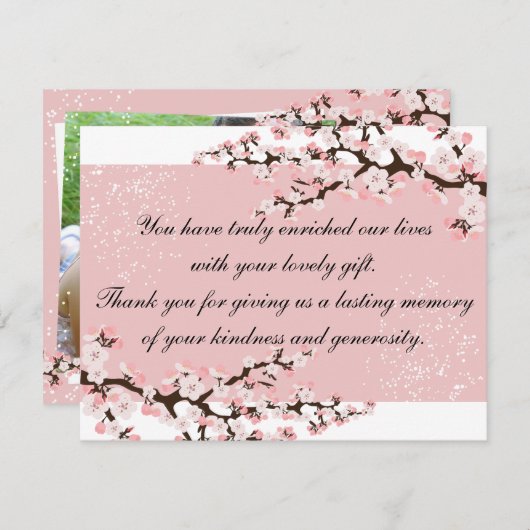 写真の結婚式の招待状のピンクの桜ありがとう サンキューカード (正面/裏面)