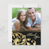 写真の結婚式の招待状の黒及び金ゴールドの花柄ありがとう サンキューカード (裏面)