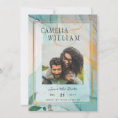 写真の結婚式の日付を保存ティール（緑がかった色）金ゴールドインクリーLeahG 招待状 (正面)