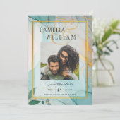 写真の結婚式の日付を保存ティール（緑がかった色）金ゴールドインクリーLeahG 招待状 (スタンド正面)