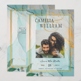 写真の結婚式の日付を保存ティール(緑がかった色)金ゴールドインクリーLeahG 招待状