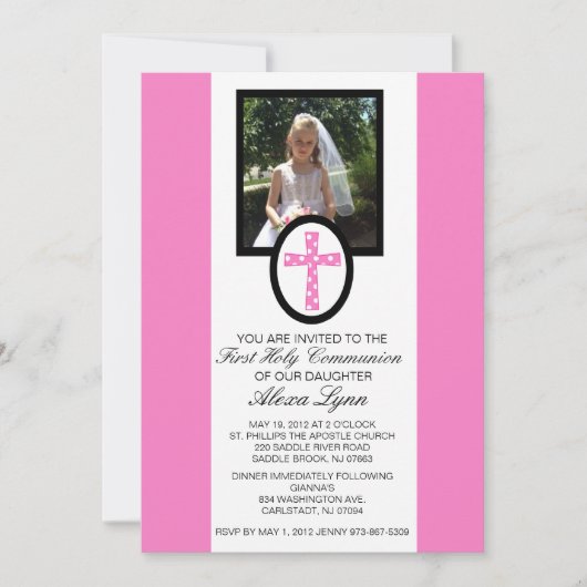 写真の聖餐の招待状が付いているピンクの十字 招待状 (正面)