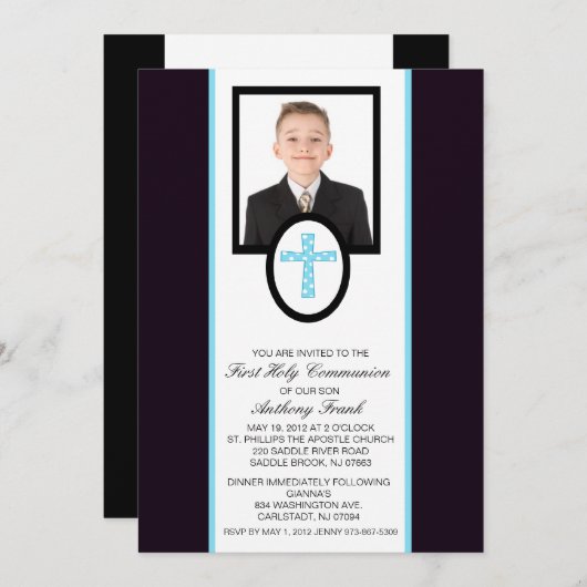写真の聖餐の招待状が付いている青い十字 招待状 (正面/裏面)