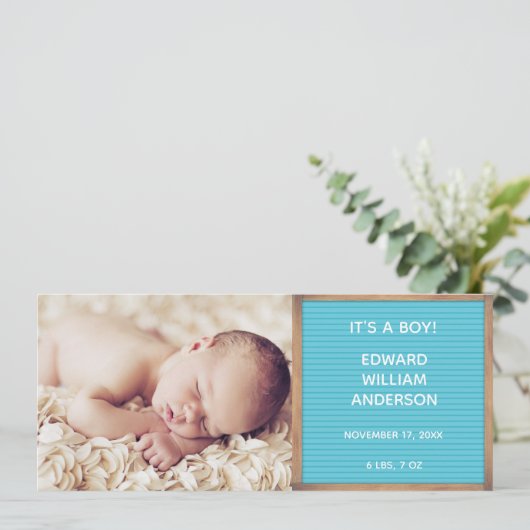 写真の誕生のお知らせ、ブルーレターボードサインイン 招待状 (スタンド正面)
