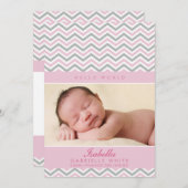 写真の誕生のお知らせ:甘いシェブロン淡い色のピンク 案内状 (正面/裏面)
