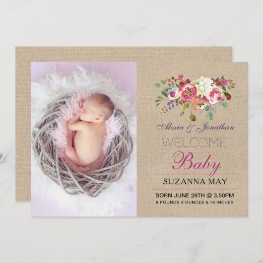 写真の誕生の発表の女の赤ちゃんStatsのバーラップ 案内状 (正面/裏面)