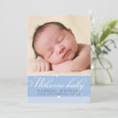 写真の誕生の発表ベビー素敵なスクリプトブルー 案内状 (スタンド正面)