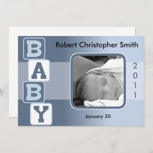写真の誕生の発表-ブロックを持つ男の赤ちゃん 案内状 (正面/裏面)