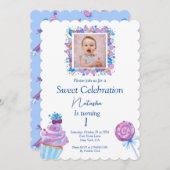 写真の誕生日と甘い青いキャンディ 招待状 (正面/裏面)