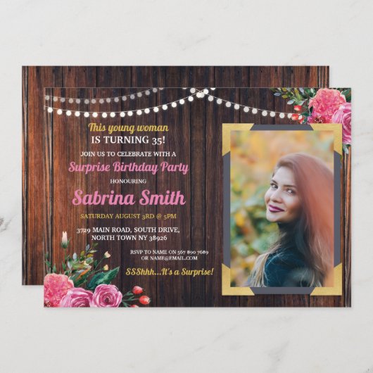 写真の誕生日のピンクの花の招待年齢の女性 招待状 (正面/裏面)