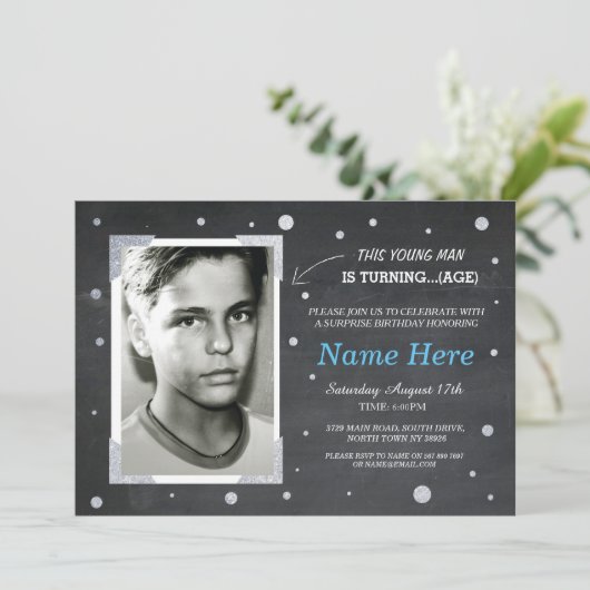 写真の誕生日のヴィンテージのチョークの招待メンズ第40第50 招待状 (スタンド正面)