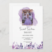 写真の誕生日を持つ紫色の花 招待状 (正面/裏面)