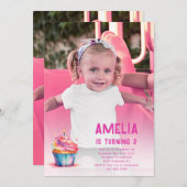 写真の誕生日招待状 女の子 ピンク カップケーキ 誕生日パーティ 招待状 (正面/裏面)